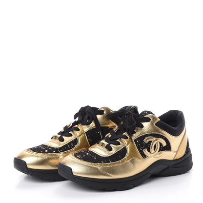 Chanel Suede Tweed CC Sneakers 41 Black Gold 3 of 6