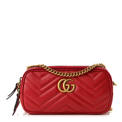 Gucci Calfskin Matelasse Mini GG Marmont Chain Crossbody Bag Hibiscus Red 1 of 11