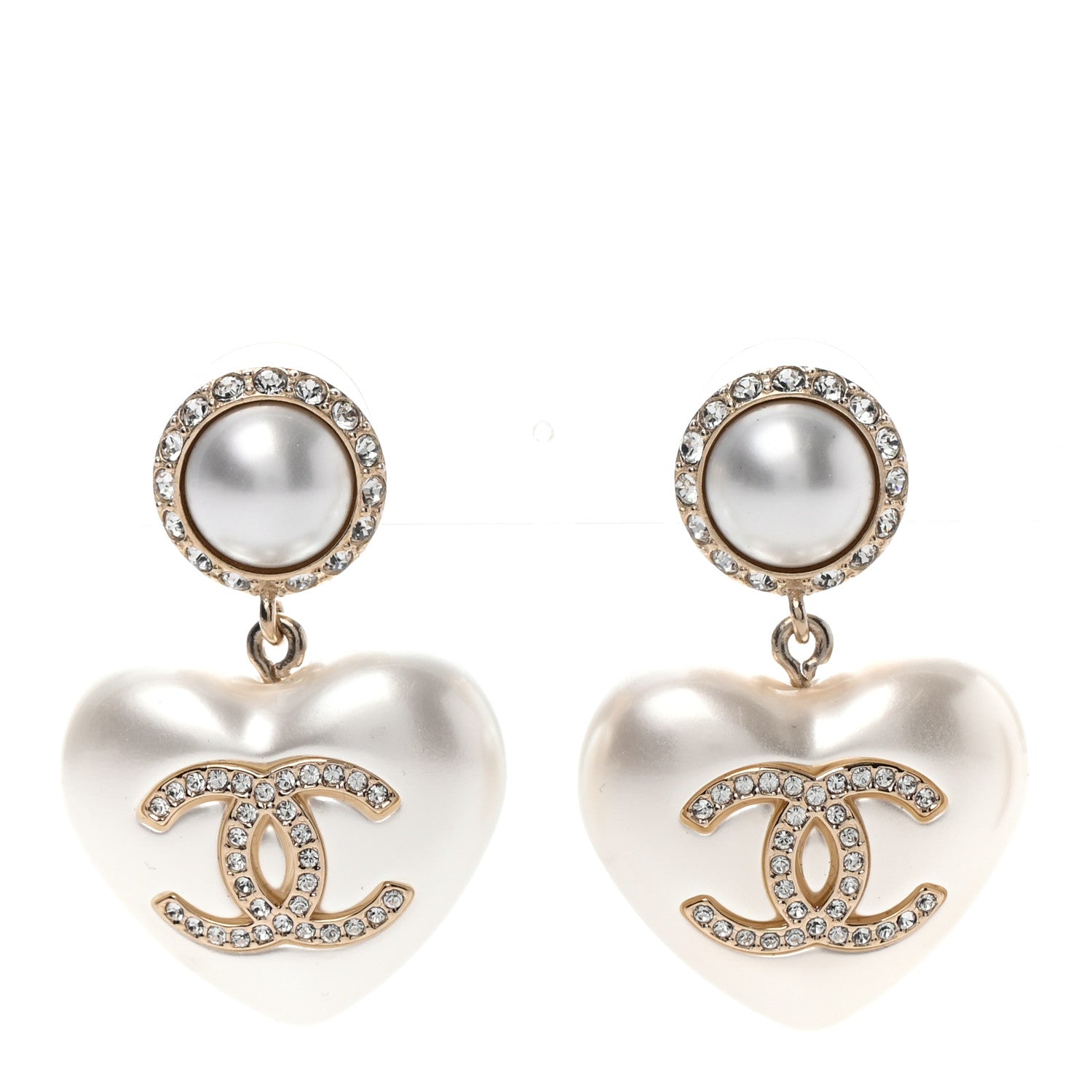 Chanel Pearl Crystal CC Heart Drop Earrings Gold 1 of 4