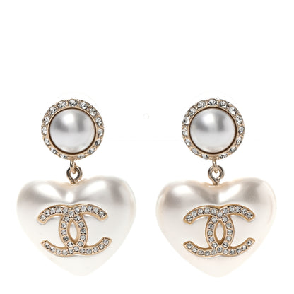 Chanel Pearl Crystal CC Heart Drop Earrings Gold 1 of 4