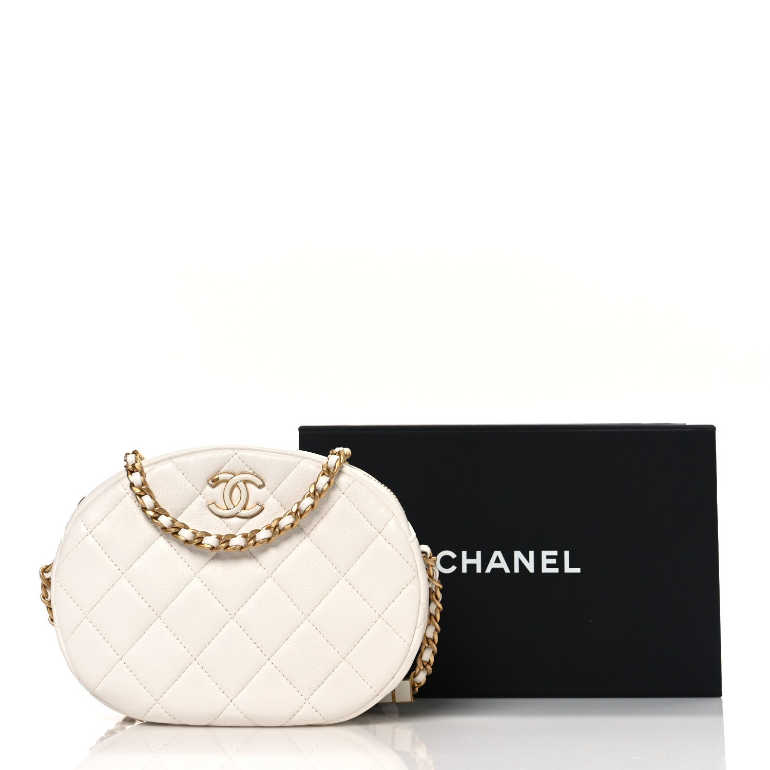 Chanel Lambskin Enamel Quilted Mini Clip Round Camera Case White