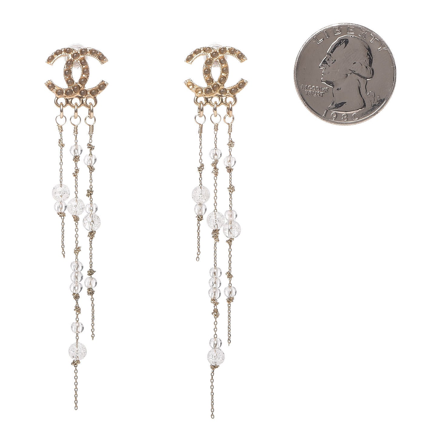 Bead CC Long Chain Drop Earrings Gold