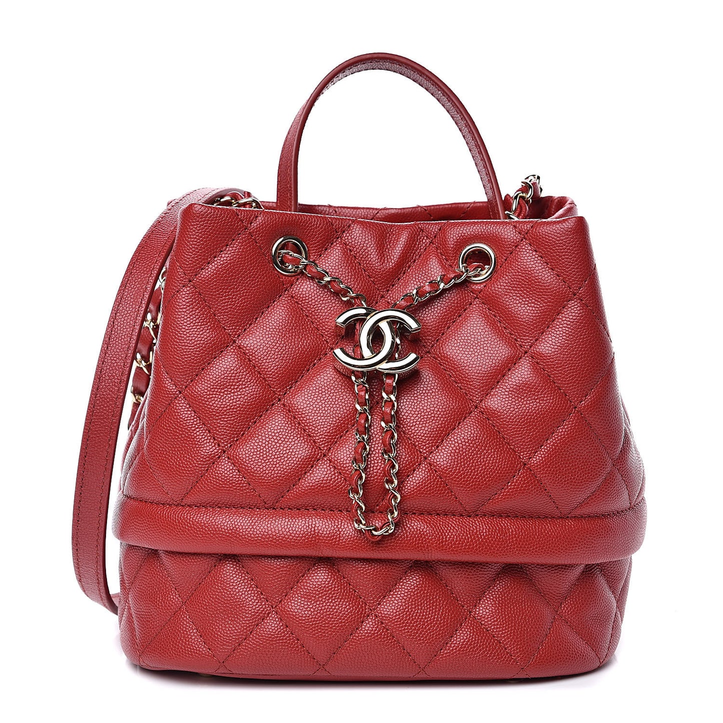 Caviar Quilted Rolled Up Bucket Drawstring Bag Red