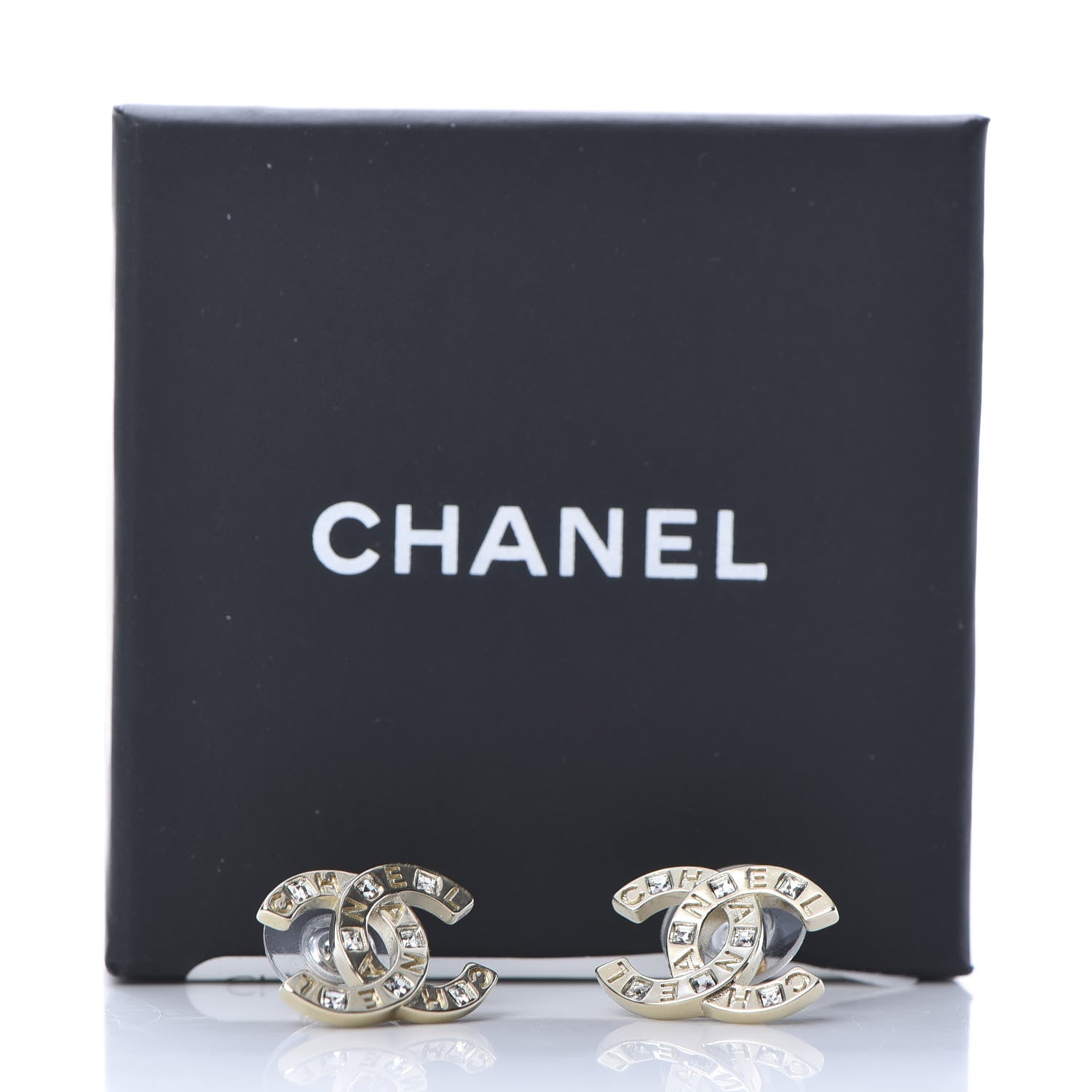 Chanel Crystal Metal CC Paris Button Stud Earrings Gold 5 of 5