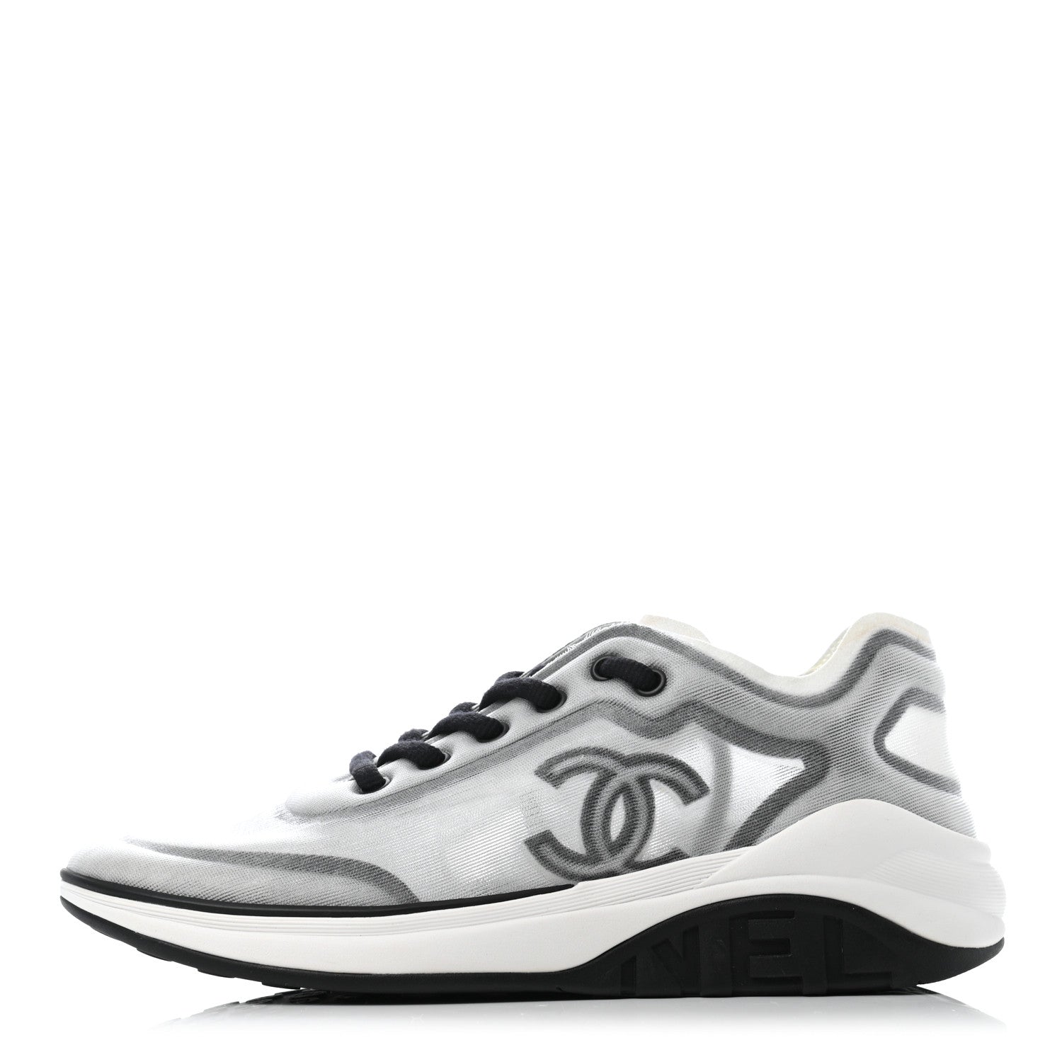 Chanel Calfskin Mesh Lycra Womens Logo Sneakers 38 White Black 1 of 7