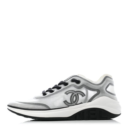 Chanel Calfskin Mesh Lycra Womens Logo Sneakers 38 White Black 1 of 7