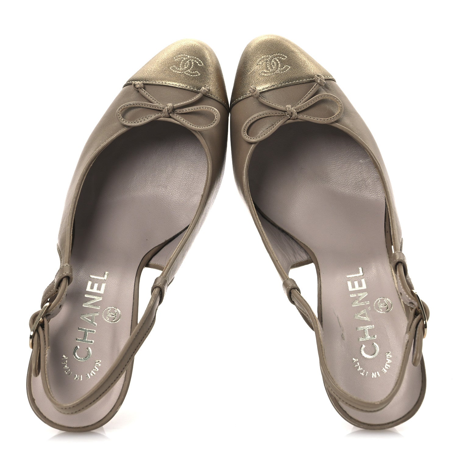 Chanel Metallic Lambskin Cap Toe CC Slingback Heels 36 Beige Gold 2 of 17