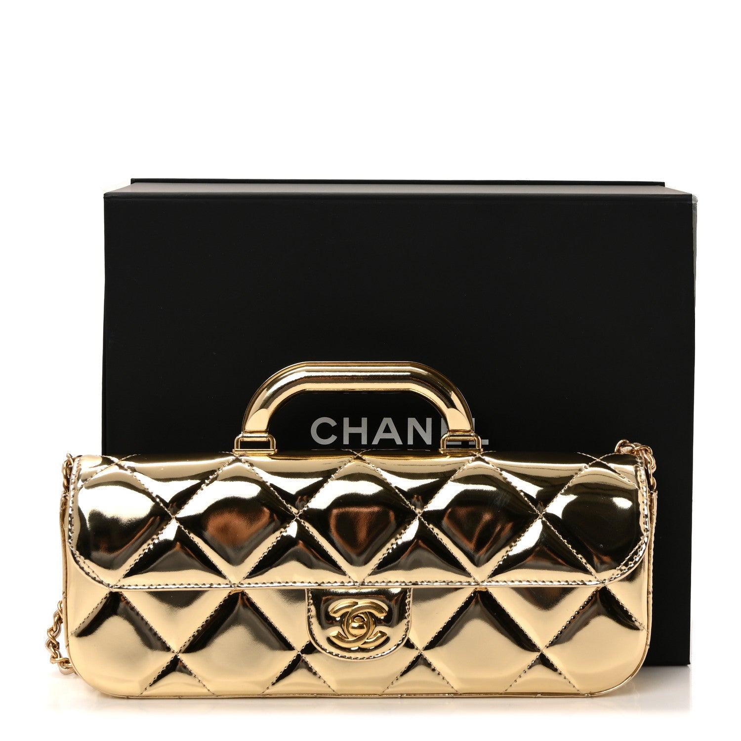 Chanel Metallic Mirror Calfskin Large Top Handle Clutch With Chain