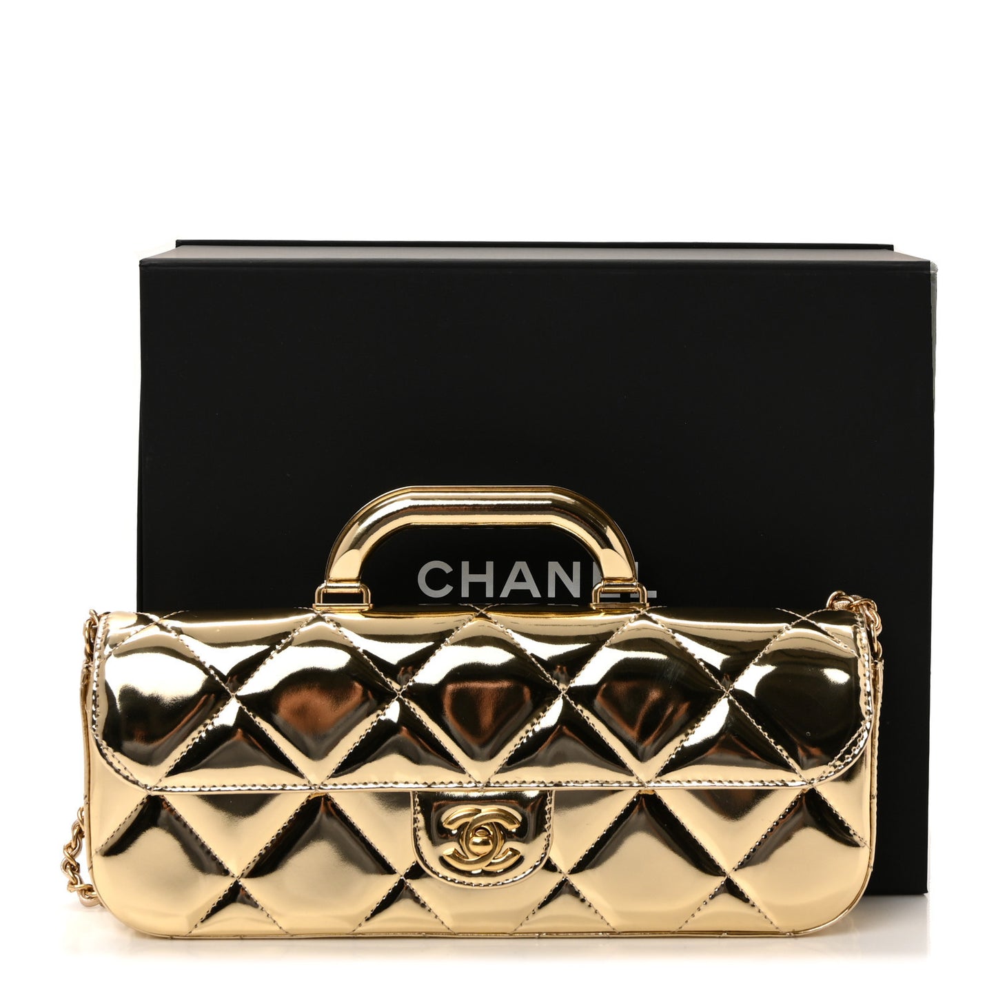 Metallic Mirror Calfskin Large Top Handle Clutch With Chain Gold