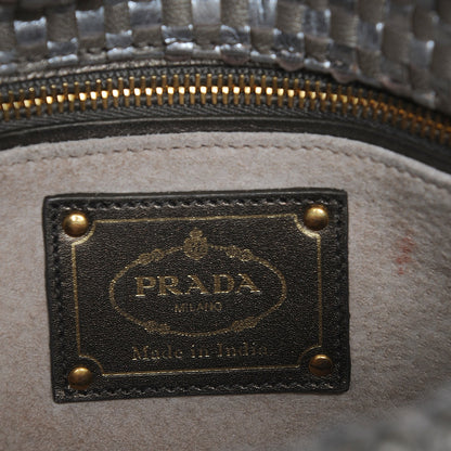 Prada Metallic Goatskin Woven Top Handle Satchel Silver Gold 6 of 9