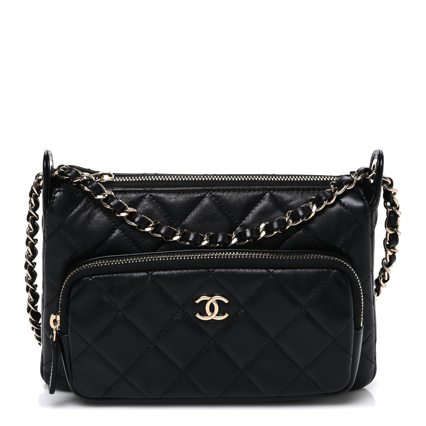 Shiny Crumpled Lambskin Quilted Small Preppy Pocket Clutch With Chain Black