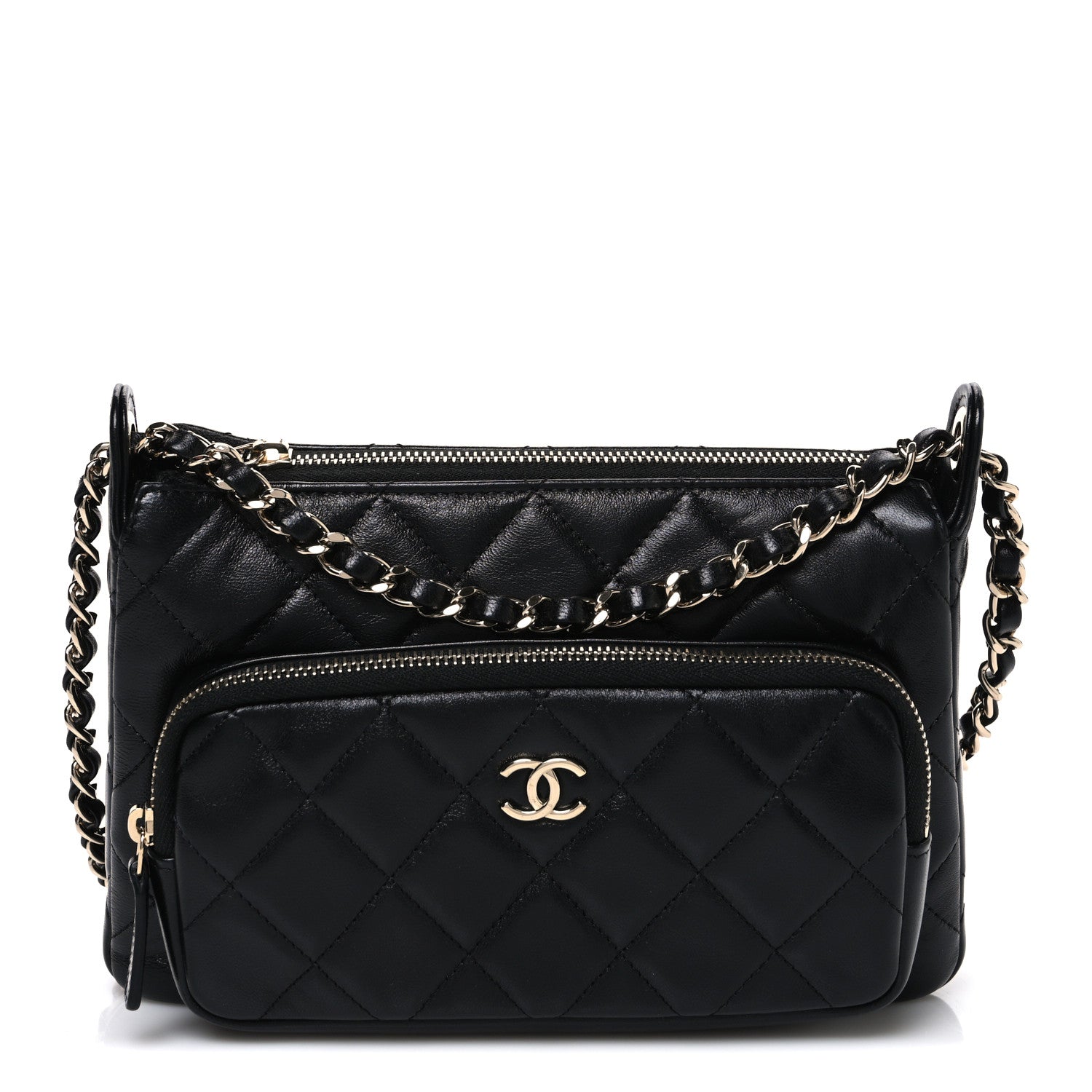 Chanel Shiny Crumpled Lambskin Quilted Small Preppy Pocket Clutch With Chain Black 1 of 11