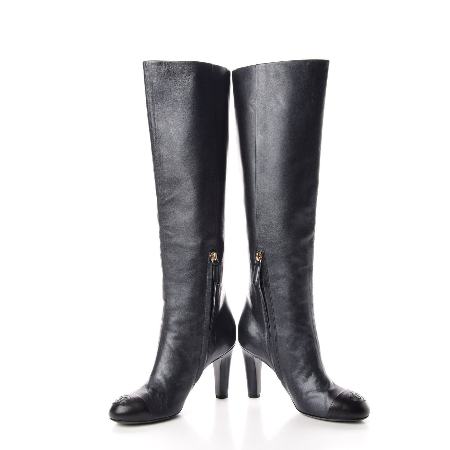 Lambskin CC Cap Toe High Boots 36 Pearly Black