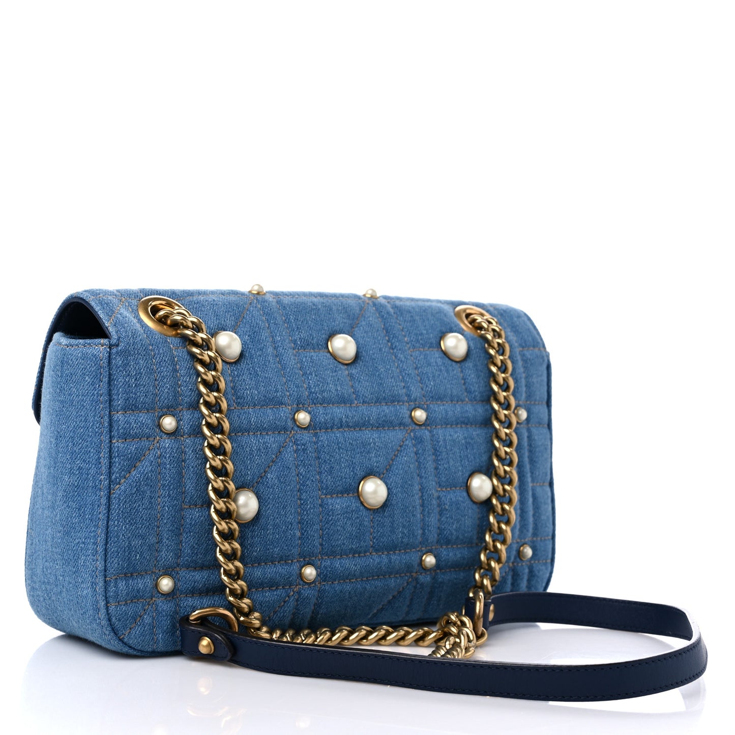 Denim Matelasse Pearl Studded Small GG Marmont Shoulder Bag Blue