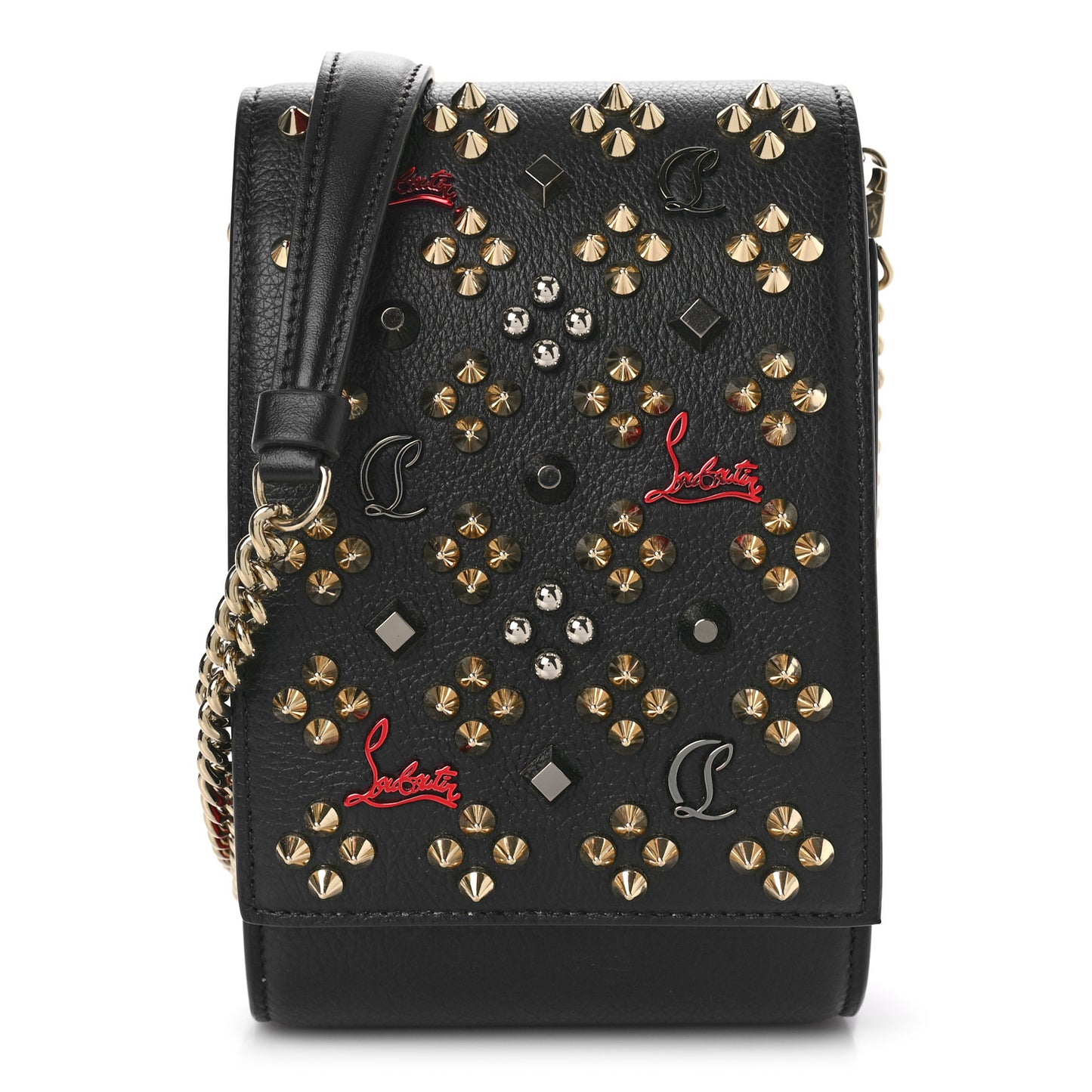 Calfskin Spikes Loubinthesky Paloma Crossbody Phone Case Black Multicolor