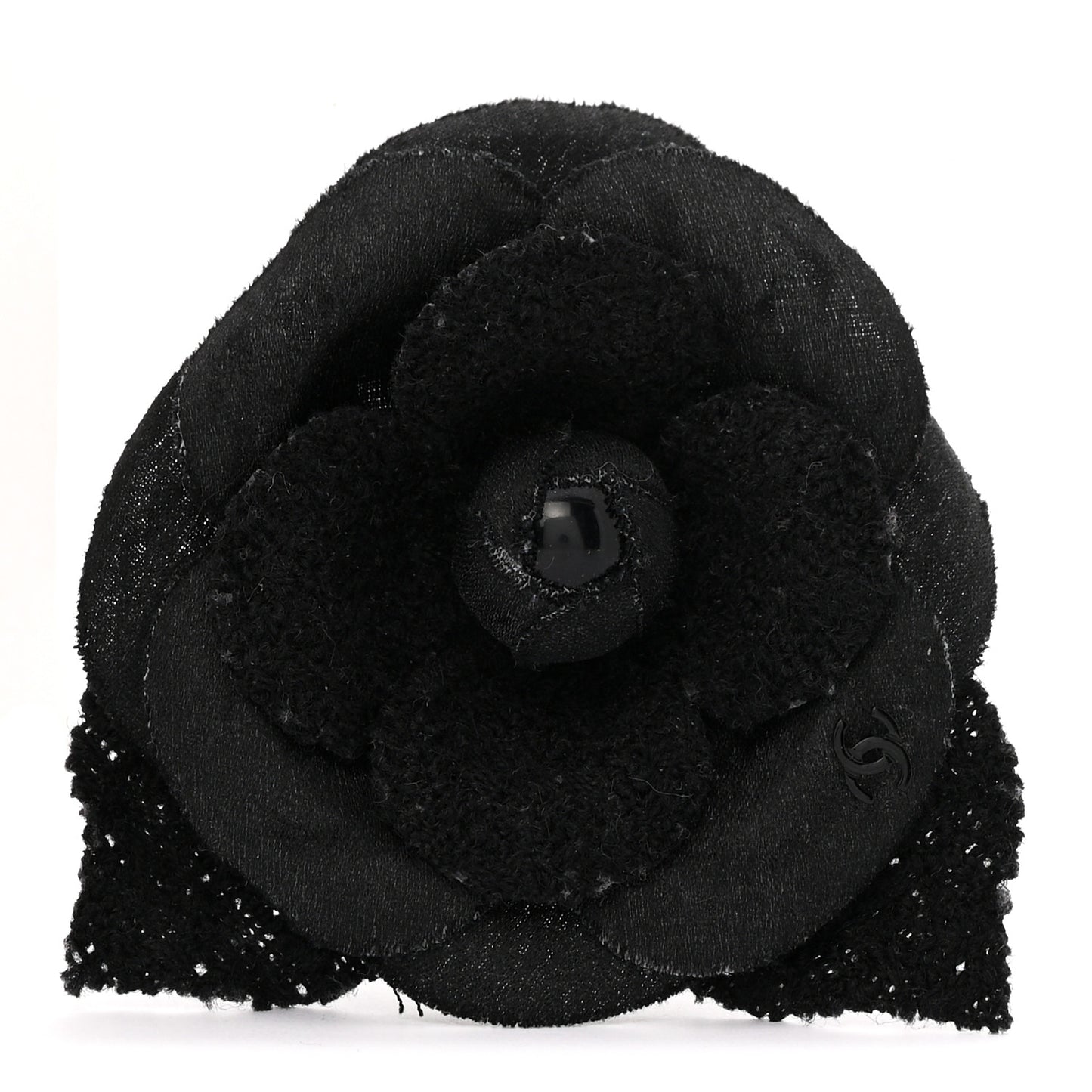 Tweed Fabric Camellia Pin Brooch Black