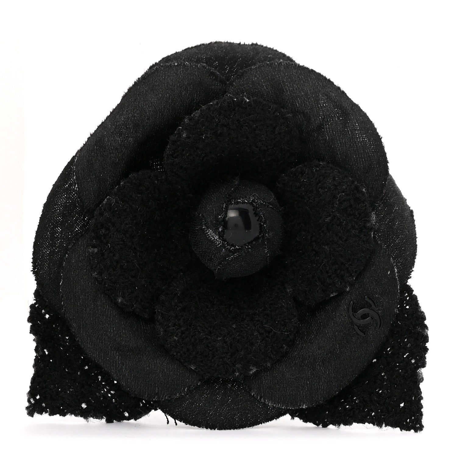 Chanel Tweed Fabric Camellia Pin Brooch Black 1 of 3