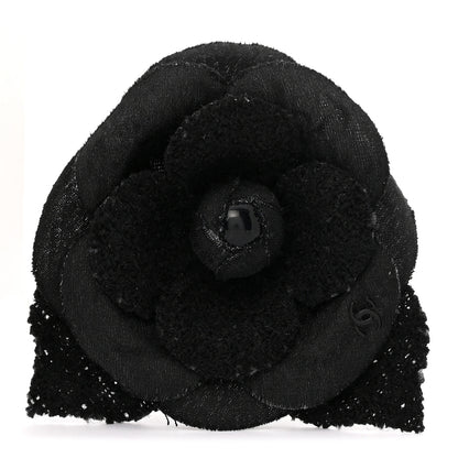 Chanel Tweed Fabric Camellia Pin Brooch Black 1 of 3