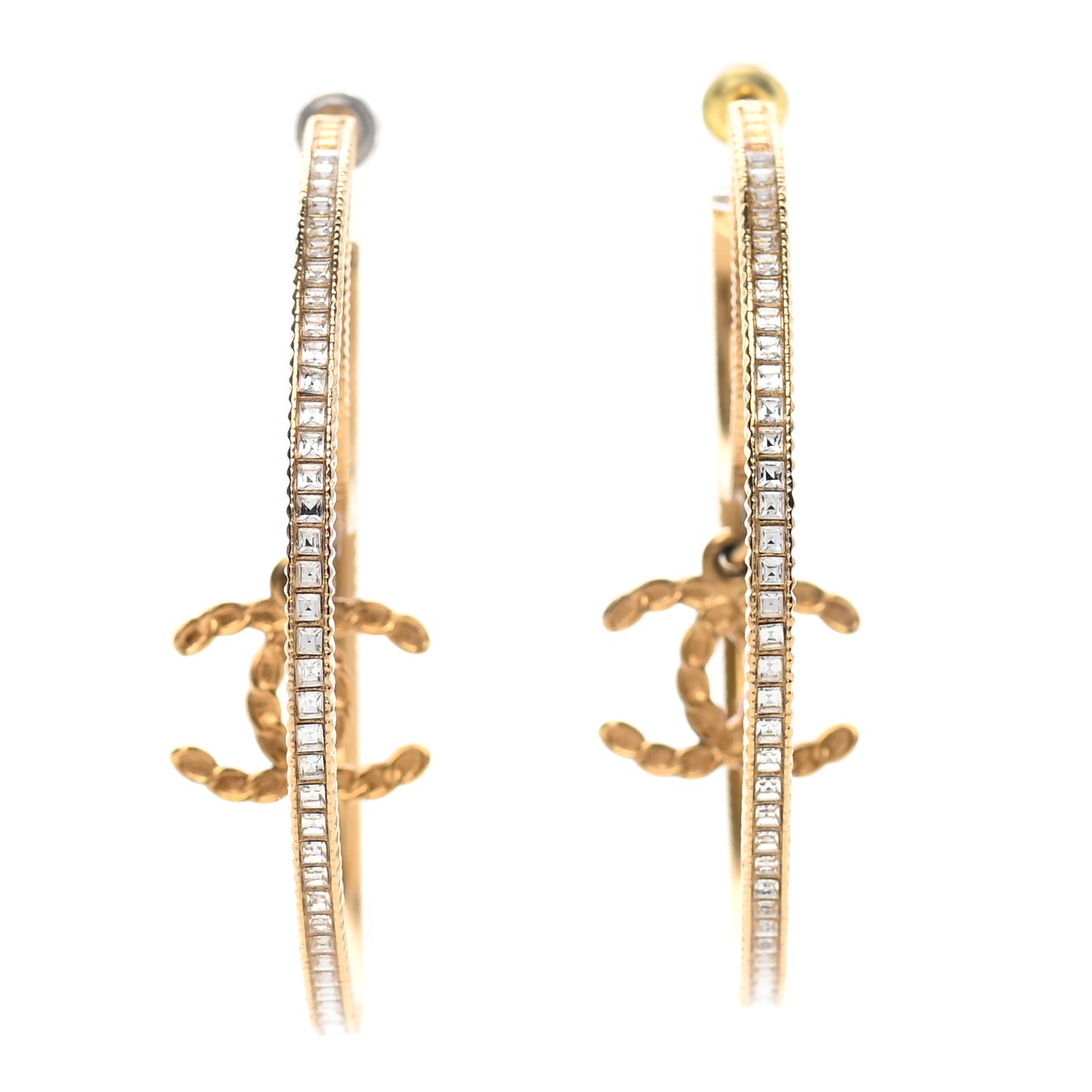 Baguette Crystal CC Drop Hoop Earrings Gold