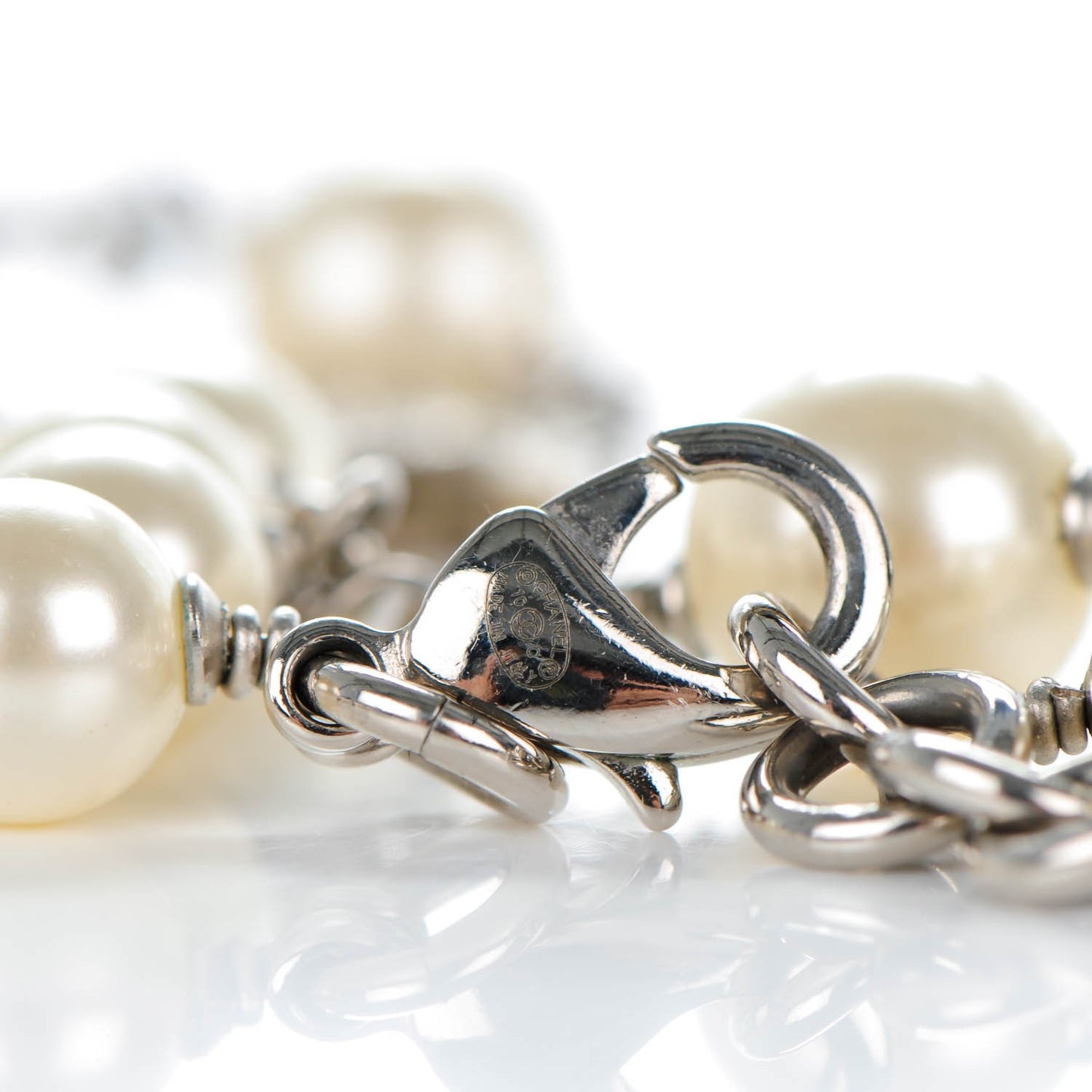 Crystal Pearl CC Long Necklace Silver