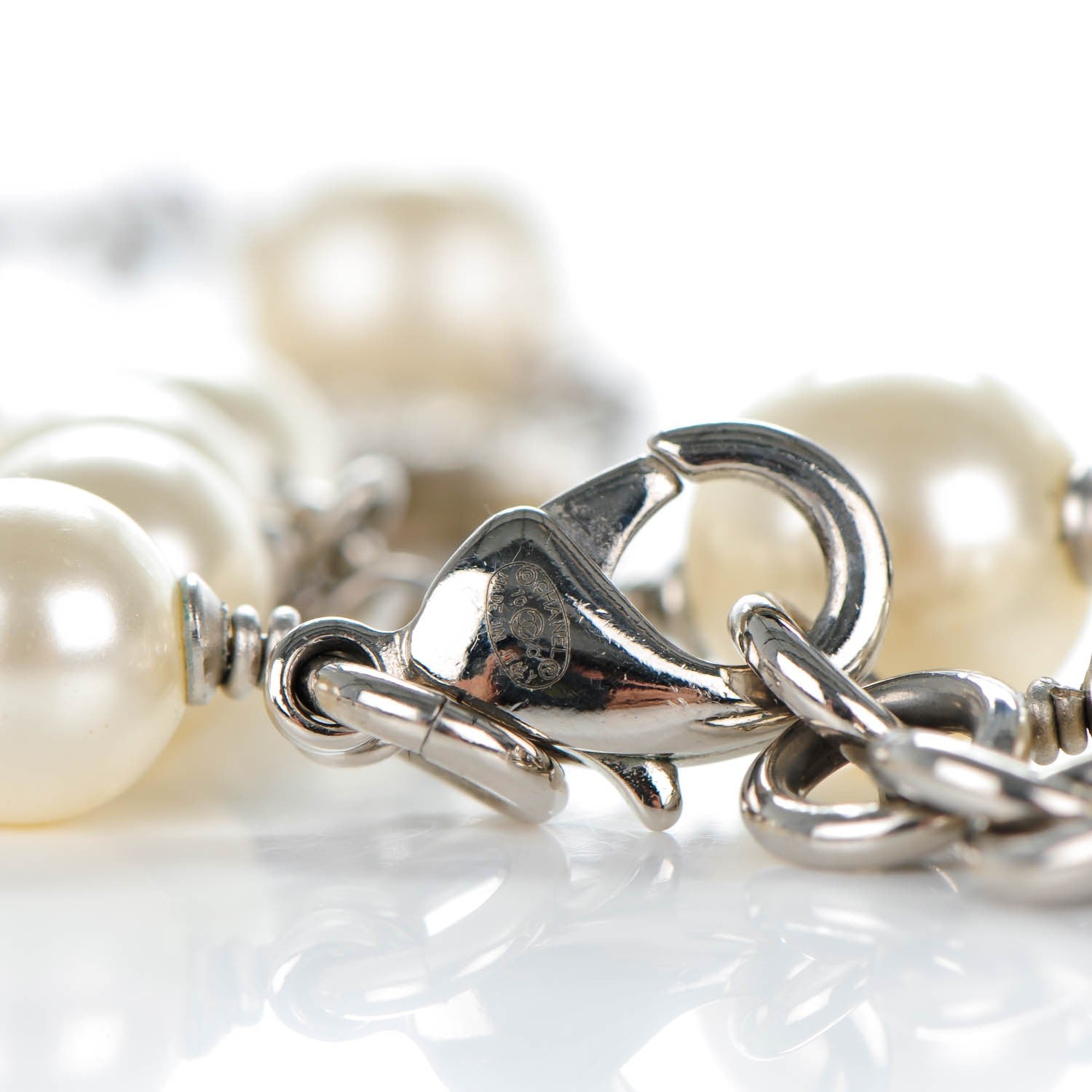 Chanel Crystal Pearl CC Long Necklace Silver 4 of 5