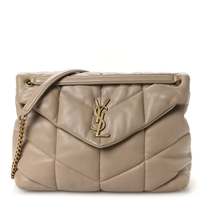 Saint Laurent Lambskin Quilted Medium Loulou Puffer Monogram Chain Satchel Dark Beige 1 of 21