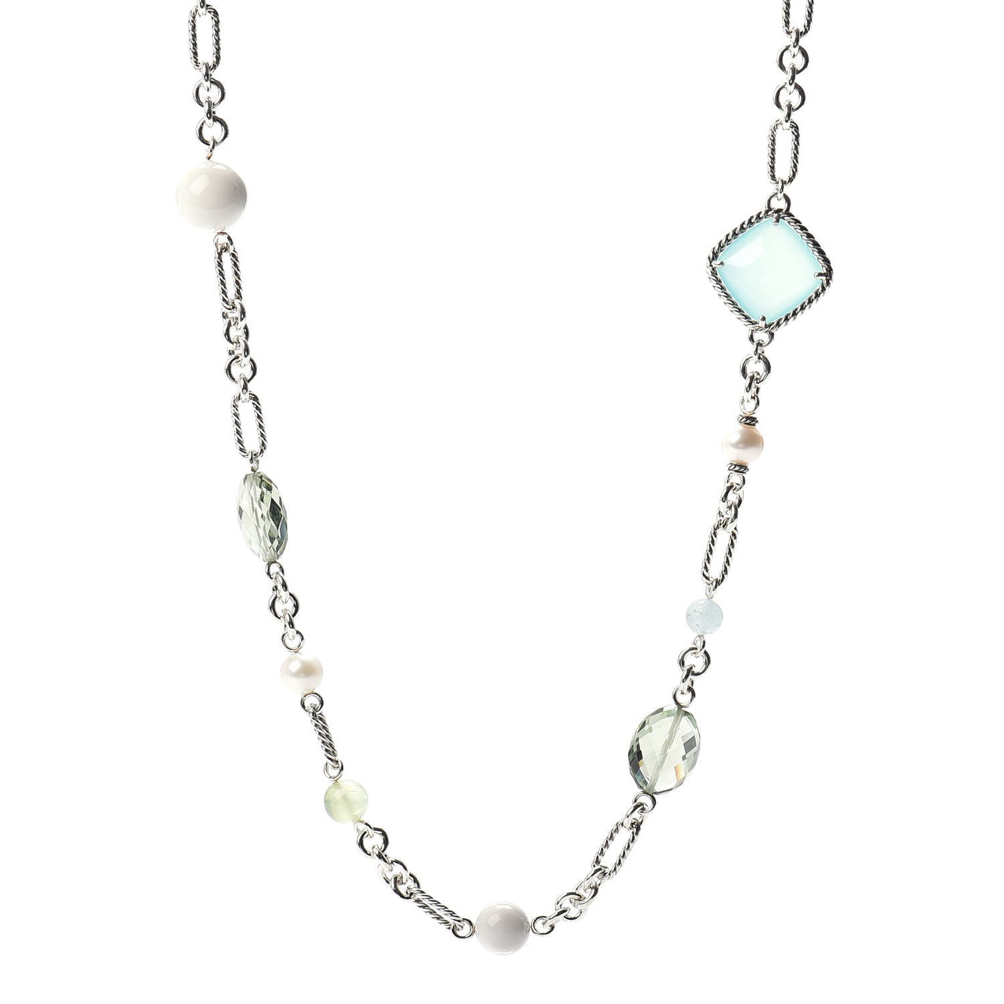 Sterling Silver Agate Pearl Green Tourmaline Chalcedony Prasiolite Figaro Necklace