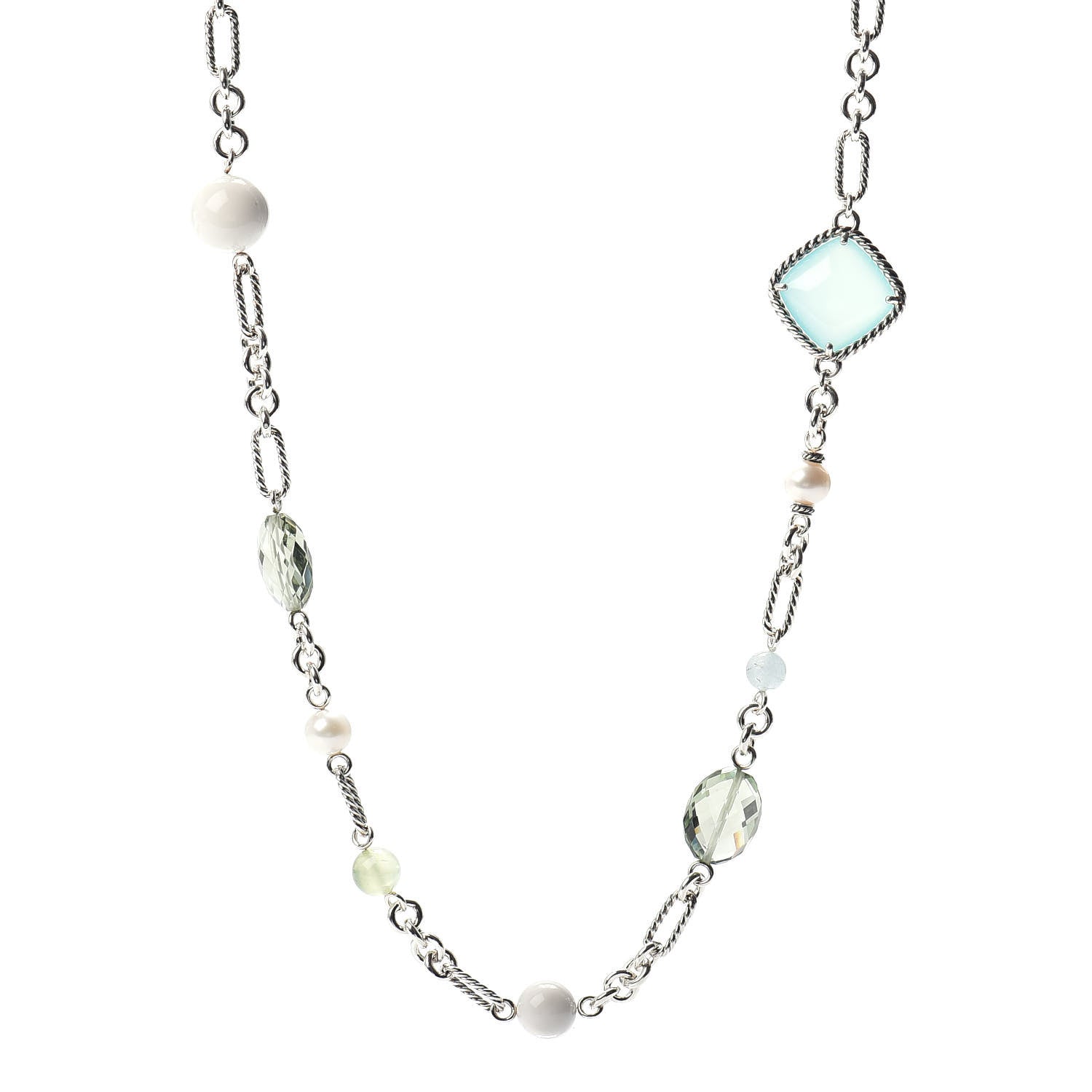 David Yurman Sterling Silver Agate Pearl Green Tourmaline Chalcedony Prasiolite Figaro Necklace 1 of 4