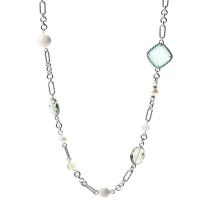 David Yurman Sterling Silver Agate Pearl Green Tourmaline Chalcedony Prasiolite Figaro Necklace 1 of 4