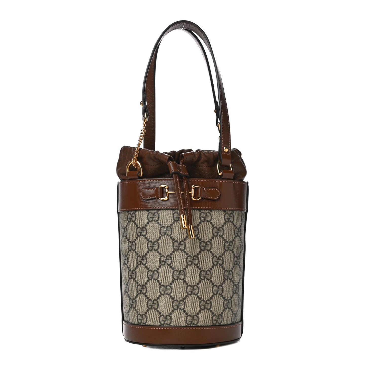 GG Supreme Monogram Azalea Sakai Calfskin Small Horsebit 1955 Drawstring Bucket Bag Beige Ebony Brown Sugar
