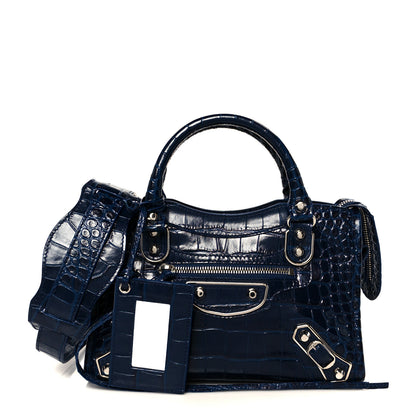 Balenciaga Shiny Supple Calfskin Crocodile Embossed Silver Metallic Edge Hardware Mini City Navy 3 of 11