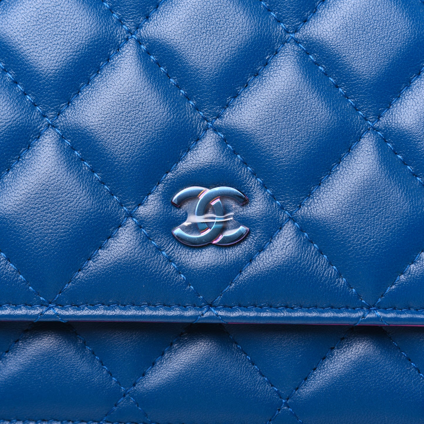 Lambskin Quilted Wallet On Chain WOC Dark Blue Pink