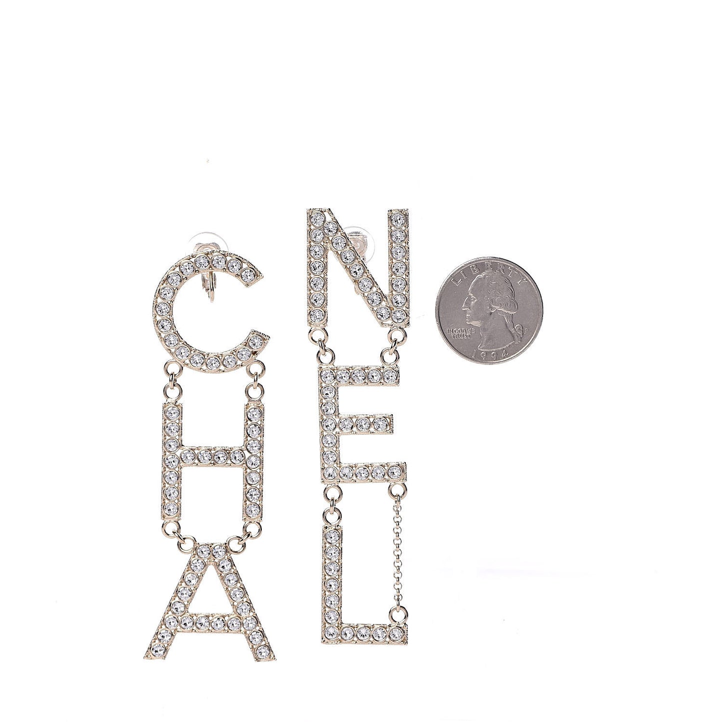 Crystal Cha-Nel Logo Drop Clip On Earrings Gold