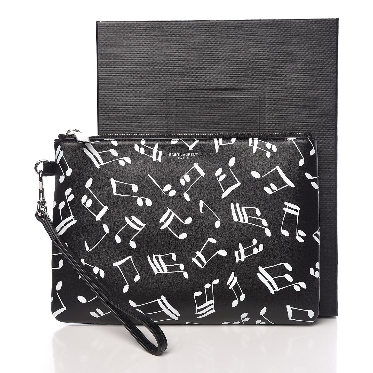 Calfskin Musical Notes Zip Pouch Black