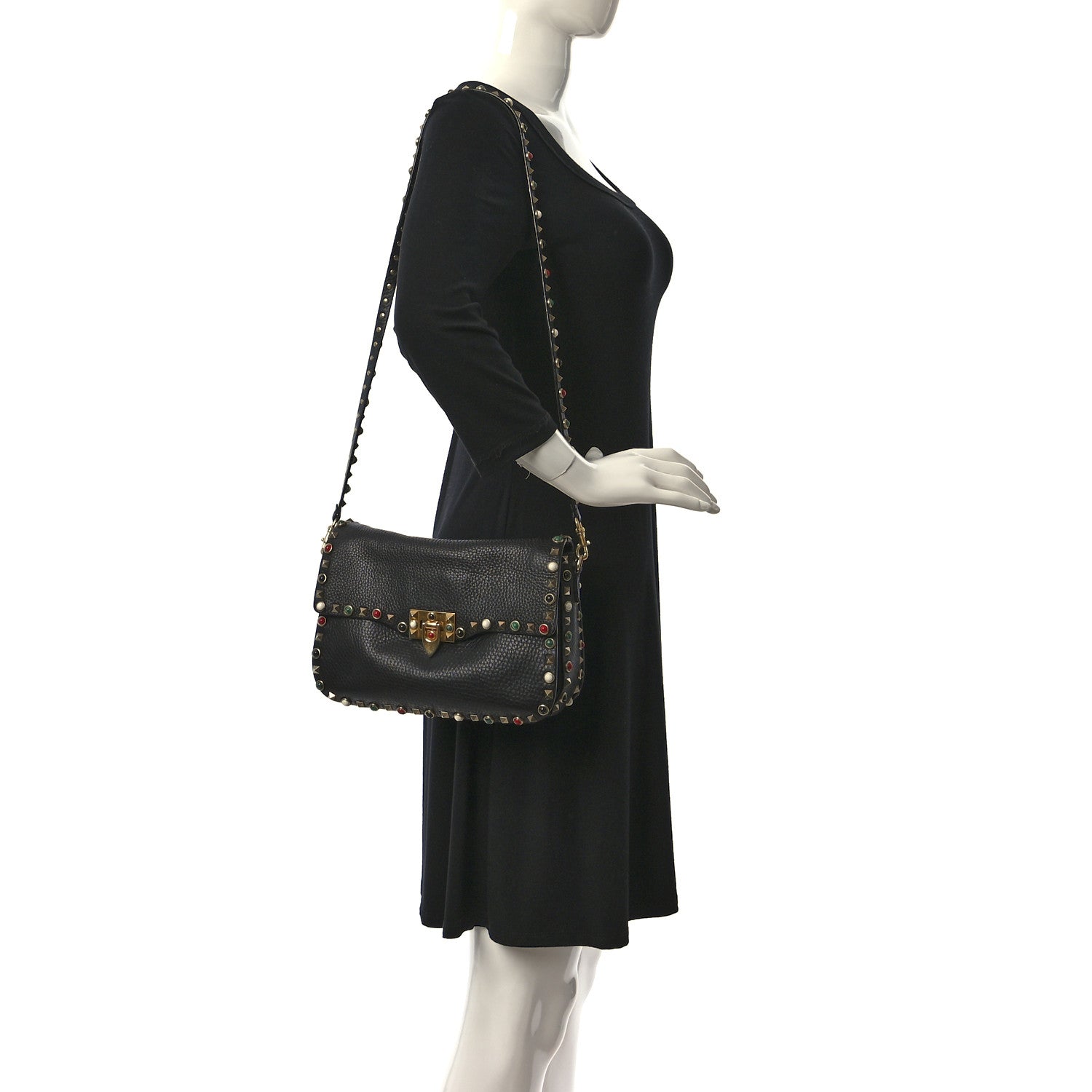 Valentino Garavani Pebbled Calfskin Medium Rockstud Rolling Flap Saddle Bag Black 2 of 9