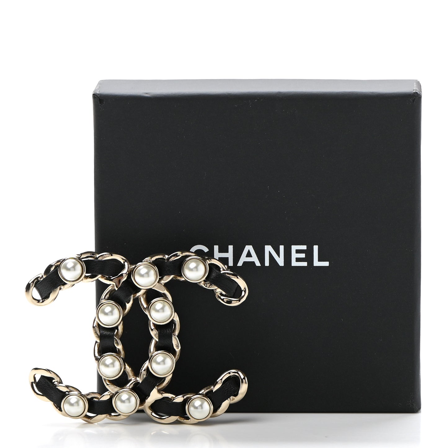 Lambskin Pearl CC Chain Brooch Black Gold