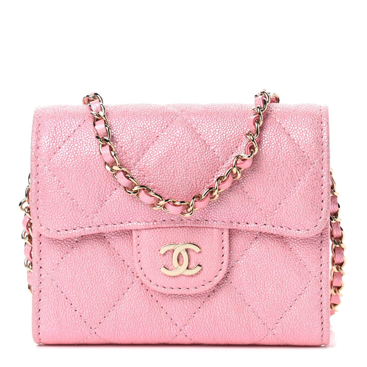 Iridescent Caviar Quilted Flap Card Holder On Chain Pink