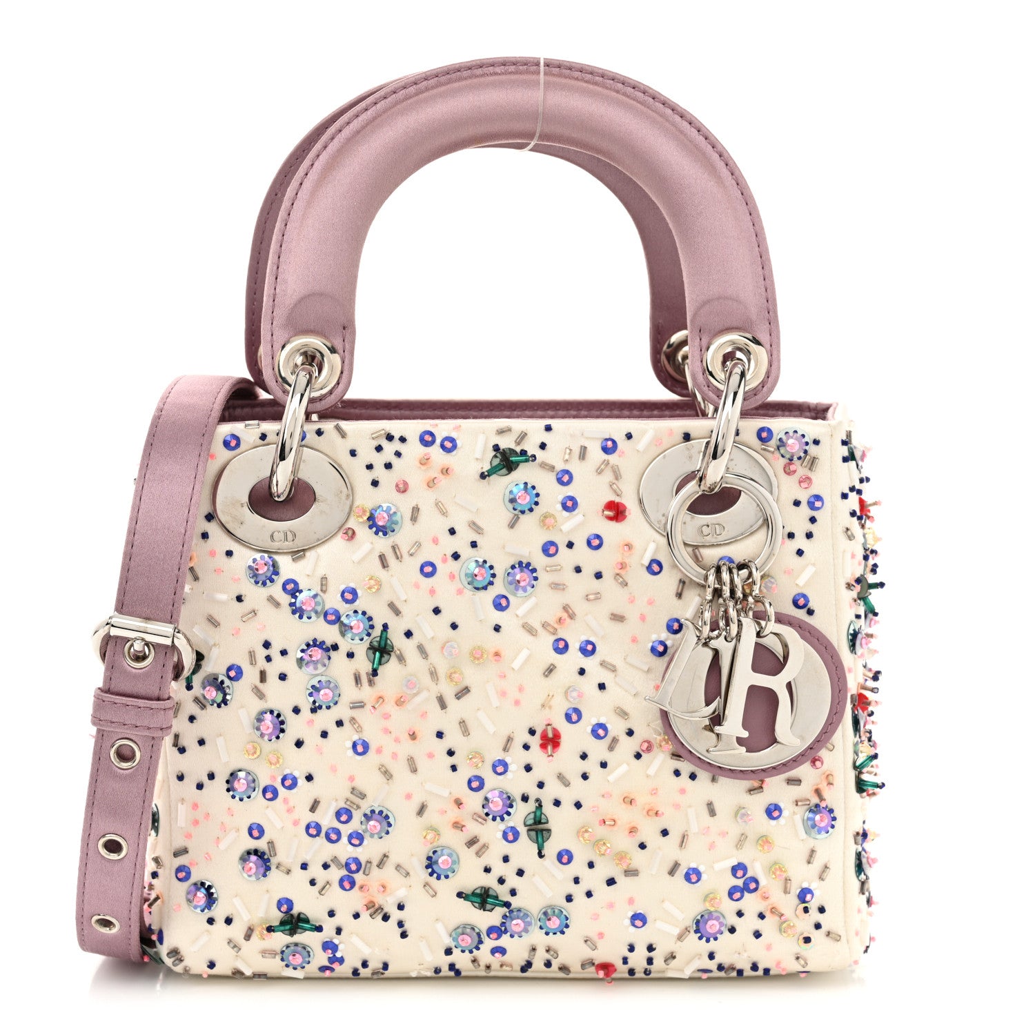 Christian Dior Satin Embroidered Beaded Mini Lady Dior Pink Multicolor 1 of 13