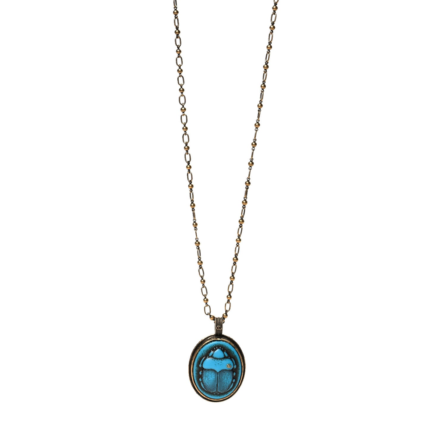 Metal Scarab Cameo Pendant Necklace Aged Gold Blue