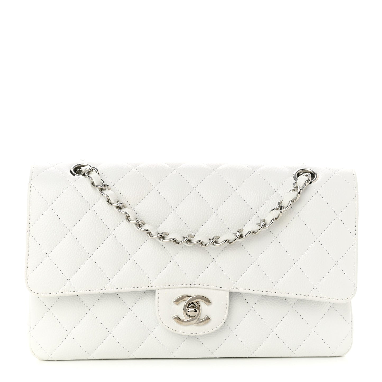 Caviar Quilted Medium Double Flap White