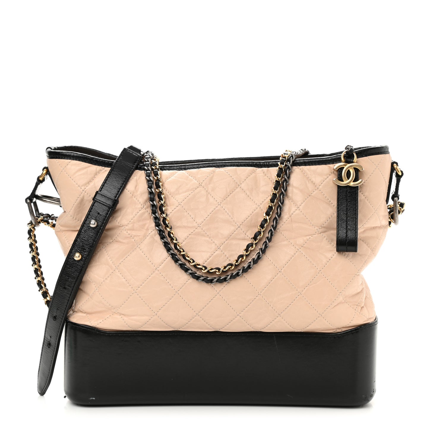 Aged Calfskin Quilted Large Gabrielle Hobo Beige Black