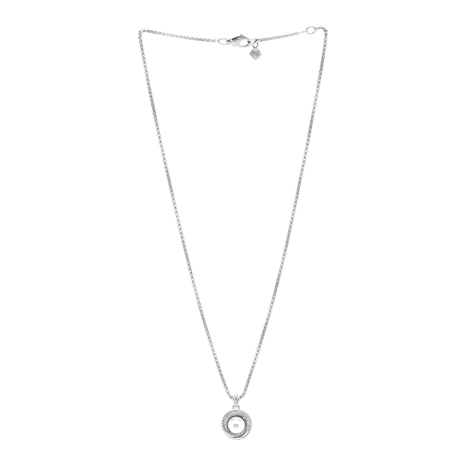 David Yurman Sterling Silver Diamond Pearl 8mm Crossover Pendant Necklace 3 of 4