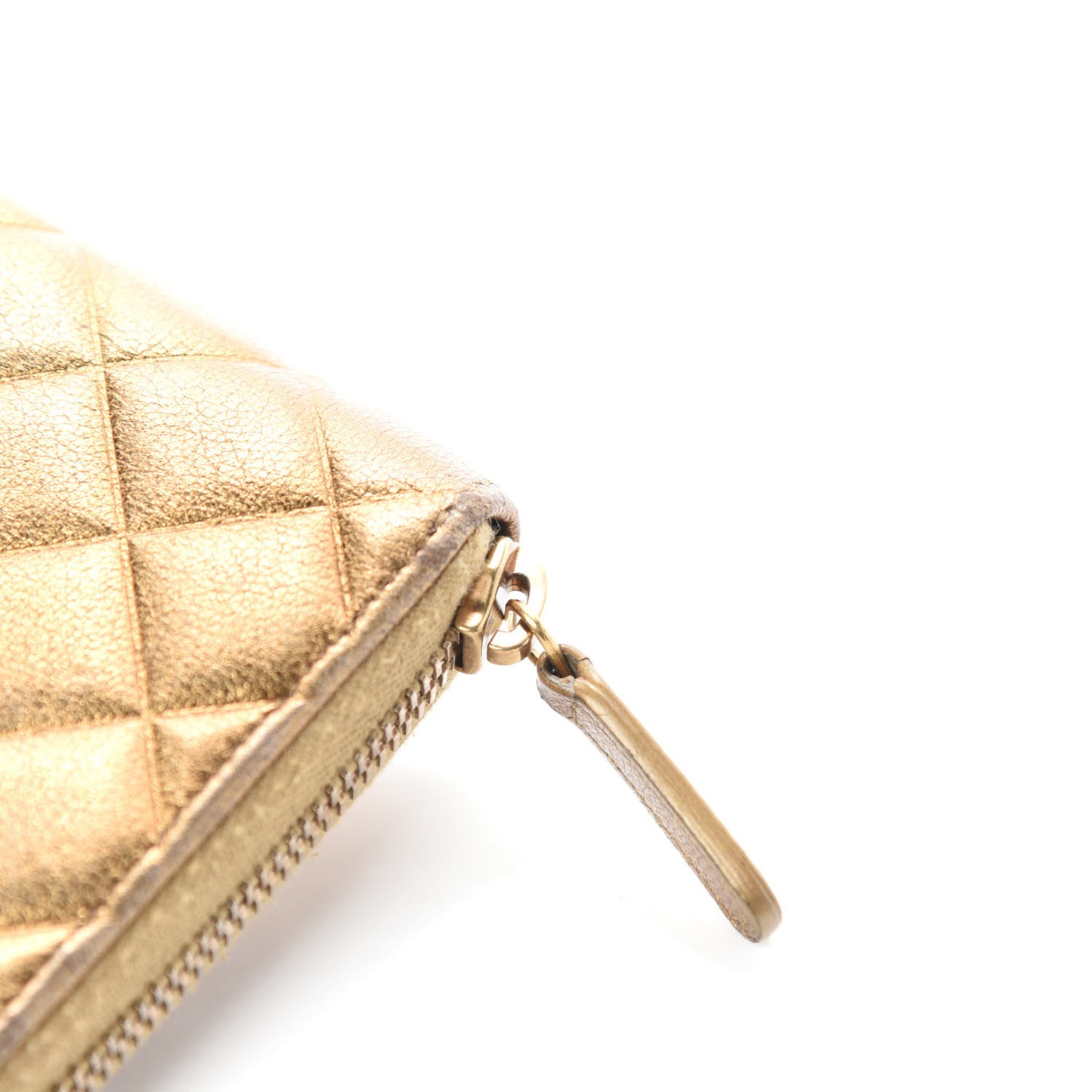 Metallic Lambskin Quilted Diamond CC Zip Around Wallet Gold