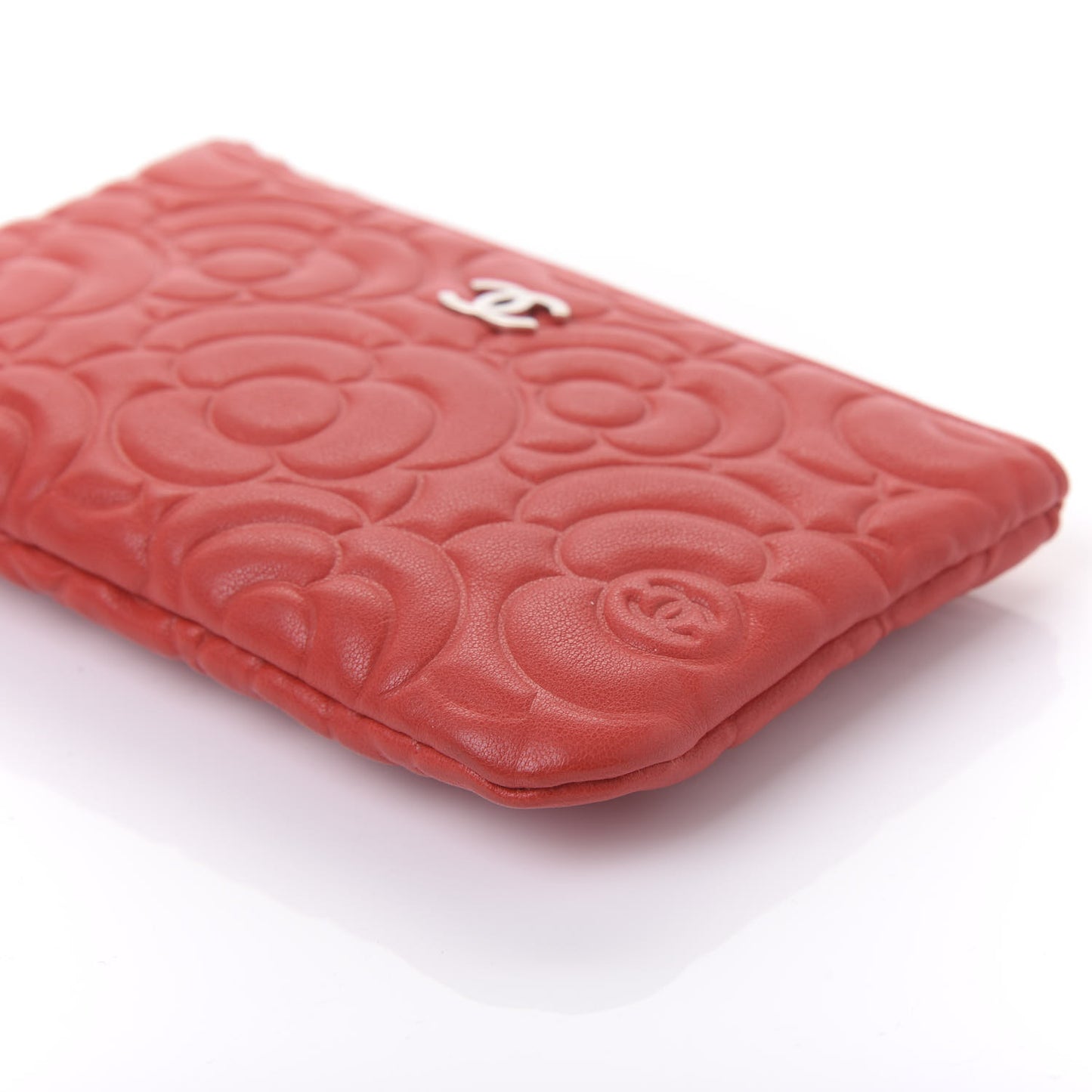 Goatskin Camellia Embossed Cosmetic Pouch Red