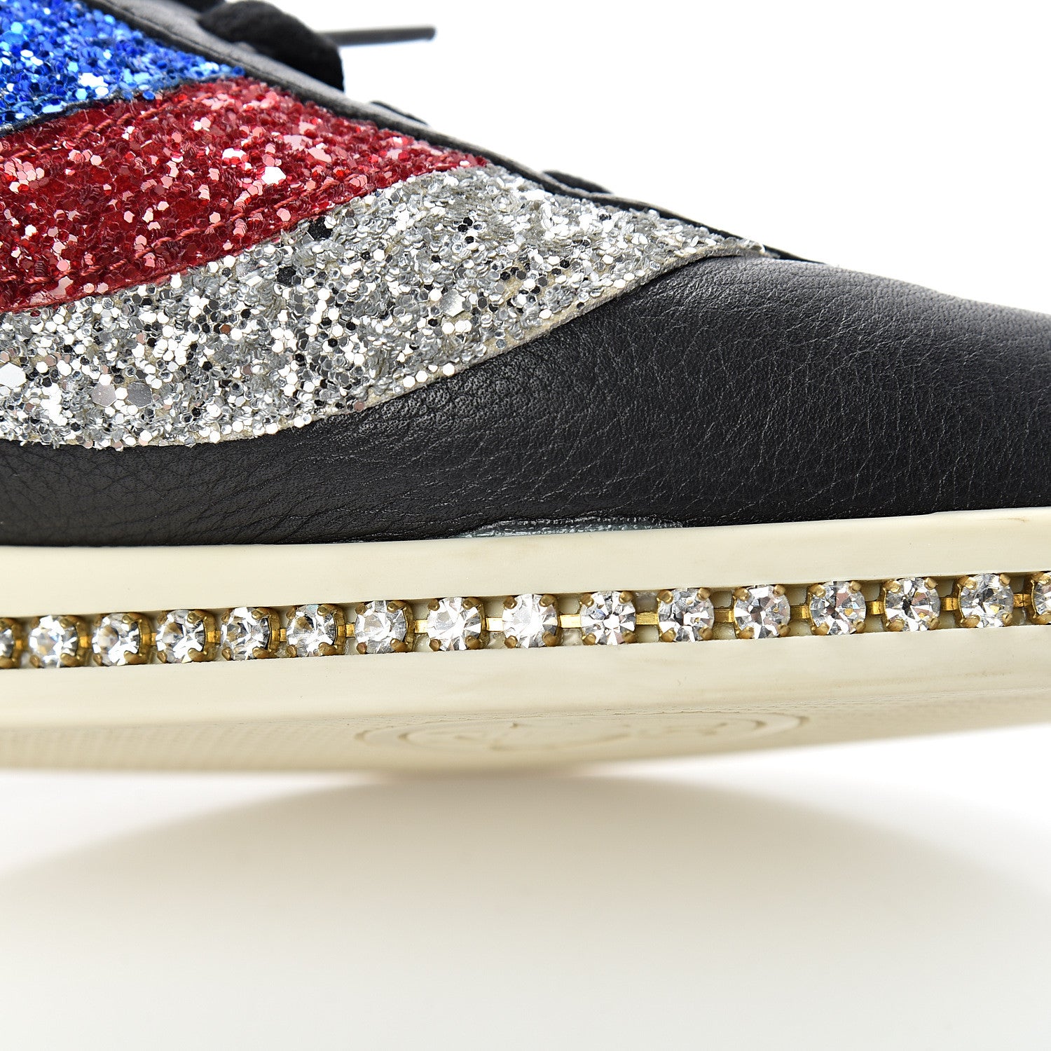 Gucci Calfskin Glitter Crystal Womens Sylvie Web Falacer Sneakers 39.5 Black 14 of 15