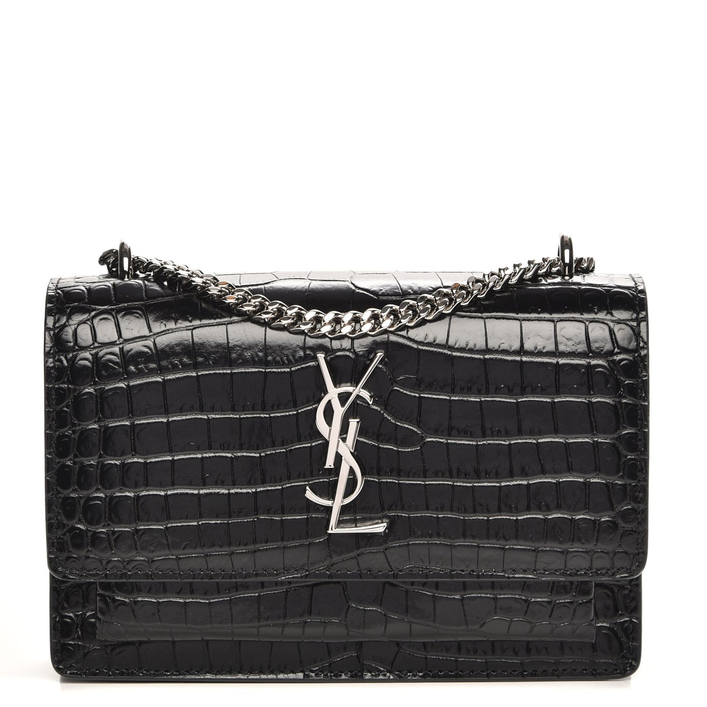 Calfskin Crocodile Embossed Monogram Sunset Chain Wallet Black
