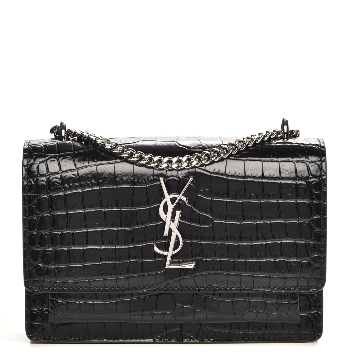 Saint Laurent Calfskin Crocodile Embossed Monogram Sunset Chain Wallet Black 1 of 6