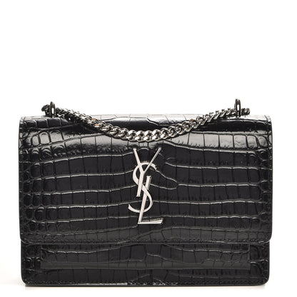 Saint Laurent Calfskin Crocodile Embossed Monogram Sunset Chain Wallet Black 1 of 6