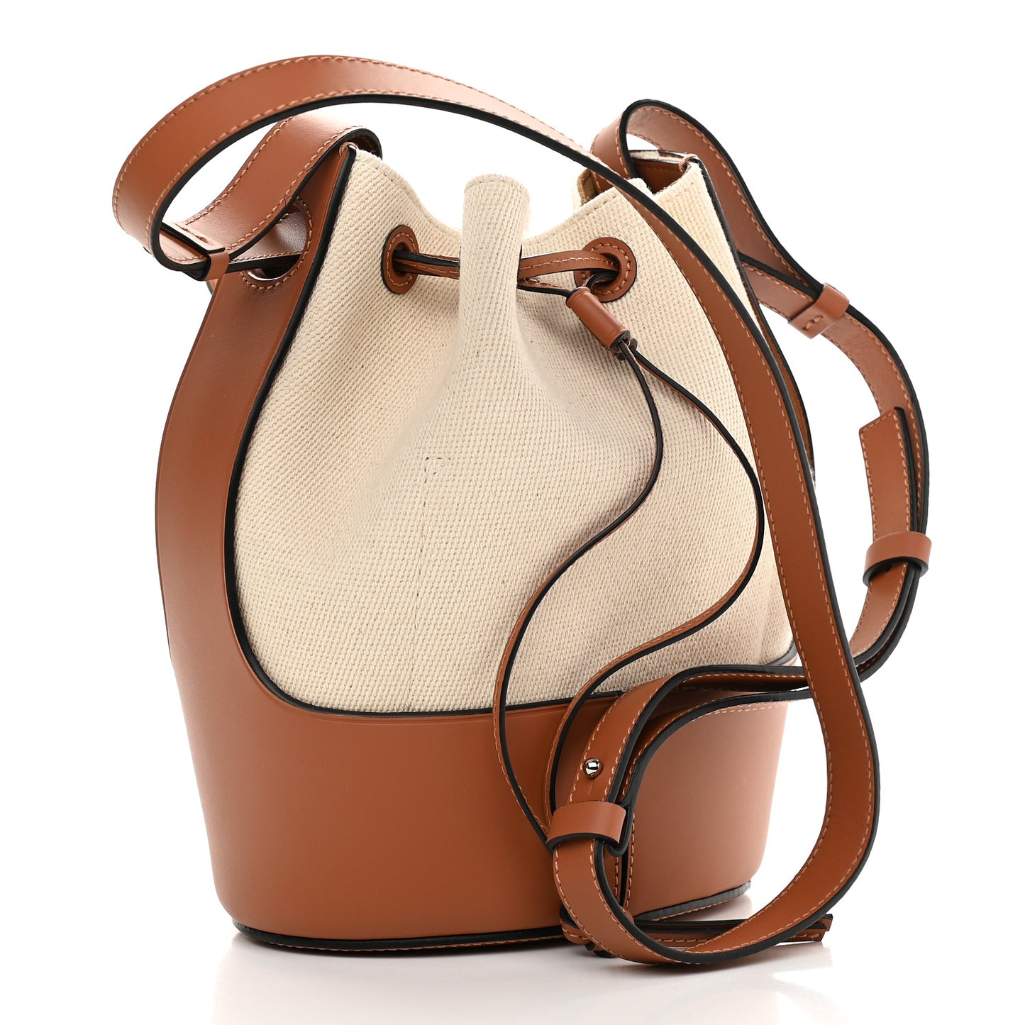 Canvas Calfskin Balloon Bucket Bag Ecru Tan