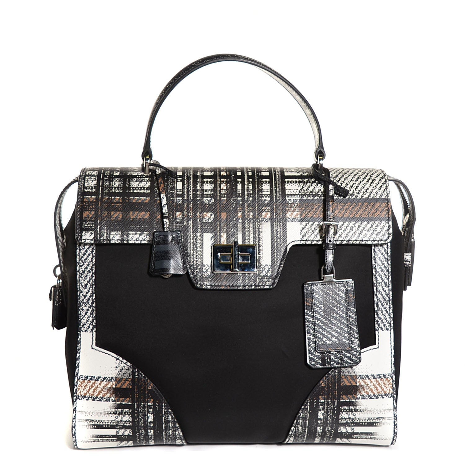 Prada Tessuto Nylon Saffiano Tartan Print Satchel Bianco Dis Tartan 1 of 9